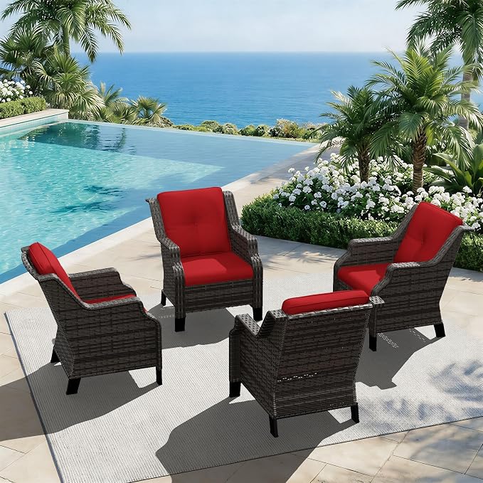 Outdoor Patio Chairs Set of 4, Wicker Patio Furniture with Thick Cushions, Curved Armrest, Deep Seating, Rattan Outdoor Chairs for Porch, Deck, Balcony