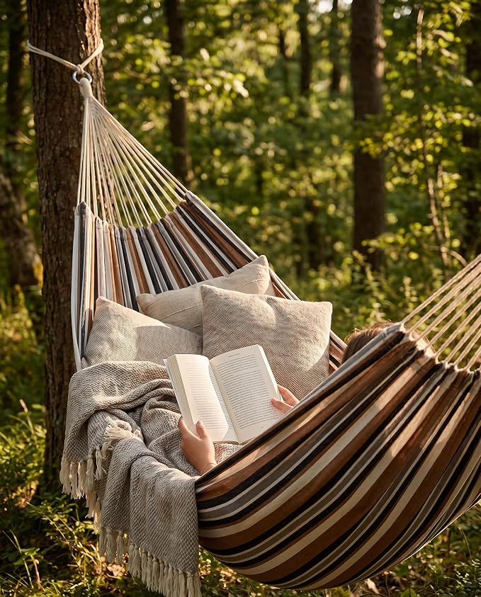 Canvas Hammock 122" Long X 59" Wide 2 Person Hammock 440 pounds Maximum Weight Applicable Scenes in Courtyard Autumn, Indoor Hanging Chairs, Beach Leisure (Black White, Full)