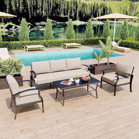 Kurapika Aluminum Patio Furniture Set 5-Seat Modern Metal Outdoor Conversation Sets w/5.1 Inch Cushion Patio Sectional Sofa with Rectangular Coffee Table, Sand