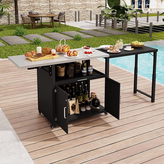 Versatile Outdoor Cabinet with Folding & Expandable Work Surfaces, Ample Storage Space, and Lockable Wheels