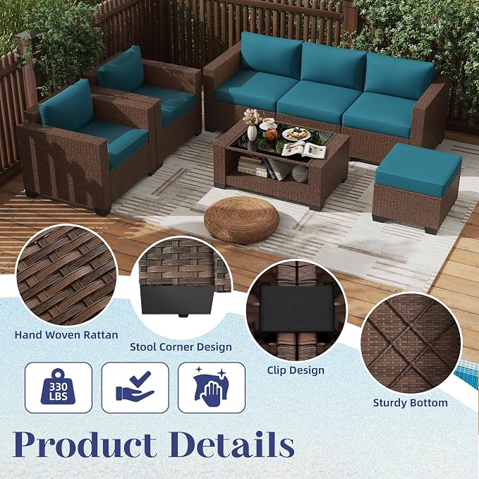 KIGOTY Patio Furniture Set 7 PCS Patio Conversation Sets, All-Weather PE Rattan Outdoor Sectional Sofa with Cushion and 2- Tier Glass Coffee Table（Brown/Peacock Blue）