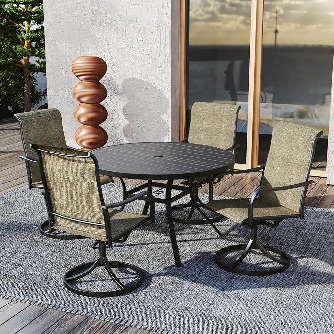 Outdoor Dining Set of 5 with 48" Round Table, Tan Grey Swivel Chairs Style2 | 4 Piece Swivel Chairs: High Back, Curved Armrest, Textilene Fabric, Rocking; 48 inch Metal Round Table, All Weather