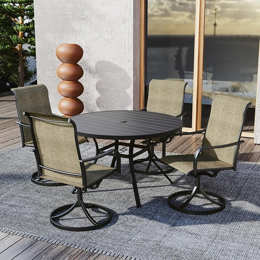 Outdoor Dining Set of 5 with 48" Round Table, Tan Grey Swivel Chairs Style2 | 4 Piece Swivel Chairs: High Back, Curved Armrest, Textilene Fabric, Rocking; 48 inch Metal Round Table, All Weather