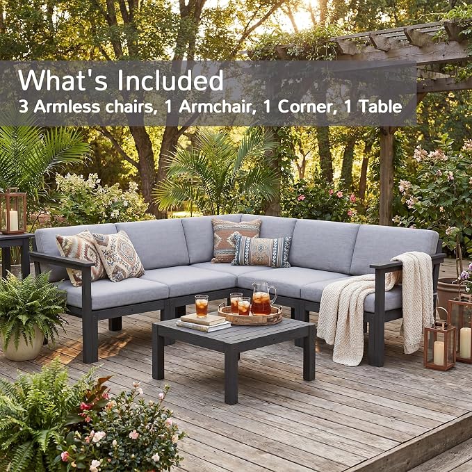 Stoog 6-Piece Patio Sectional Sofa Set, Modular Outdoor Furniture Set - All-Weather Waterproof HIPS Frame & Quick-Dry Olefin Cushions, Black