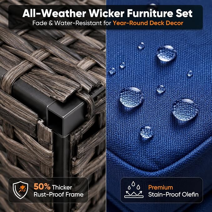 HUMMUH 10-Piece Wicker Swivel Rocker Patio Furniture Set with Fire Pit | 50,000 BTU fire pit, 6-inch 28D foam cushions, UV-proof PE wicker, Olefin fabric, 350lb weight capacity