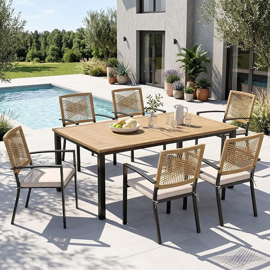 Sophia & William 7pc Patio Dining Set, Wood-Like Table, Wicker Chairs | Outdoor Dining Set for 6, Rectangular Patio Dining Table Set with Patio Wicker Chairs for Garden, Porch, Deck