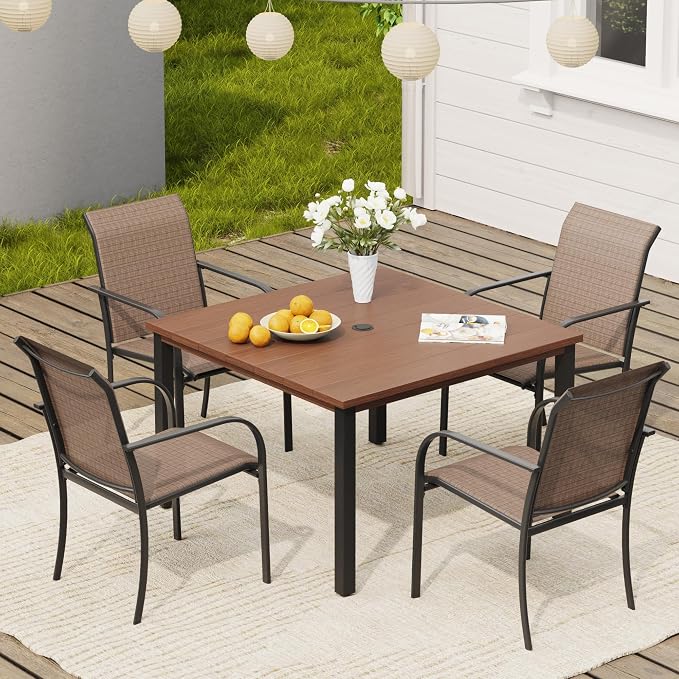 VICLLAX 5 Pieces Patio Dining Set, Patio Furniture Set of 4 Patio Stackable Dining Chairs and Outdoor Metal Square Table with Umbrella Hole for Backyard Lawn Garden, Brown Chairs and Walnut Table