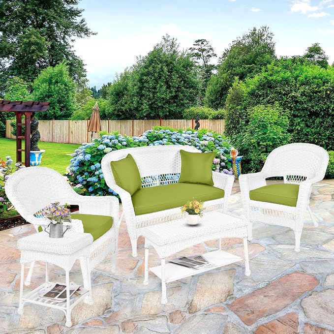 Jeco 5 Piece Resin Wicker Patio Conversation Set in White with Green Cushions