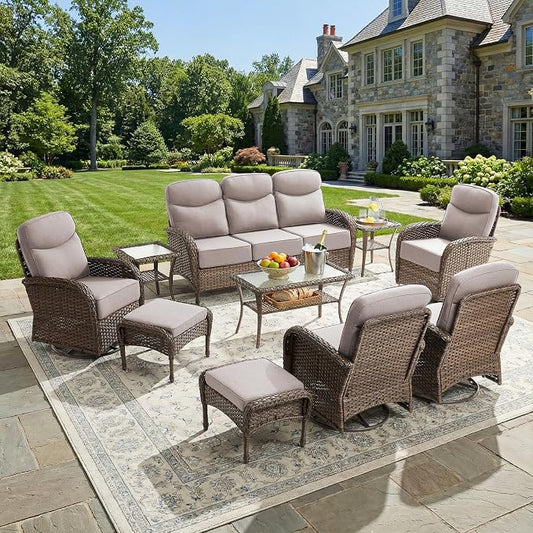 Luxury Patio Furniture Set with 6-inch Thick Cushions, Outdoor Furniture Set with High Back Swivel Chairs, 10 PCS Wicker Outdoor Conversation Set for Porch, Patio, Yard, Deck, Poolside, Brown/Beige