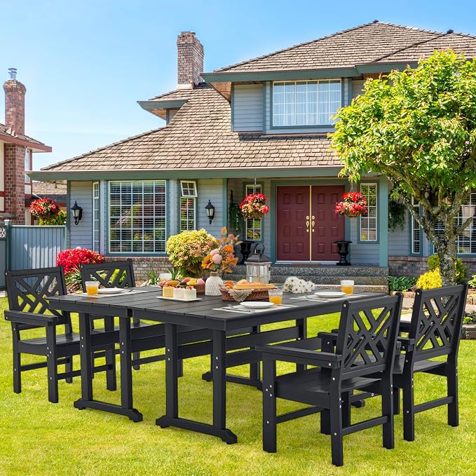 HDPE Outdoor Dining Set,6-Piece Outdoor Table and Chairs Include 4 Dining Chairs and 2 Pcs 62.5" Patio Dining Table with Umbrella Hole (Black)