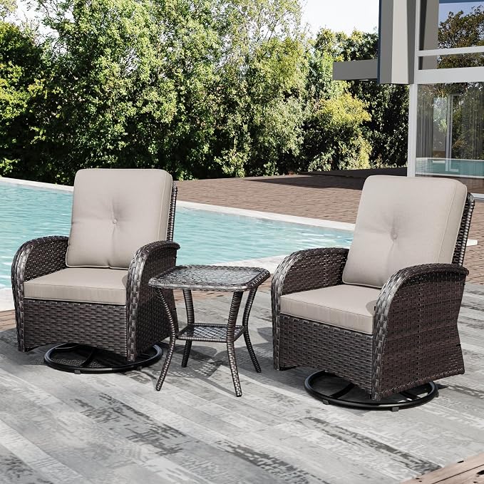 Joyside Outdoor Swivel Rocker Chairs, 3 Piece Wicker Patio Set with Thickened Cushions, High Back, Deep Seating, Wide Armrest, Outdoor Swivel Chairs for Porch, Deck