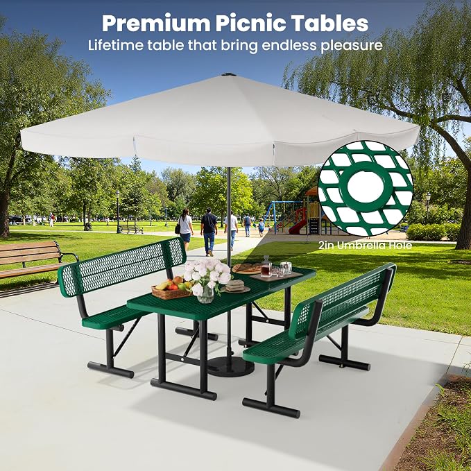 6FT Metal Picnic Tables for Outdoors, Commercial Rectangular Picnic Table for Outside, Park, Campfield, Patio, Garden, Yard, Thermoplastic Coating, Surface Mounted, Green