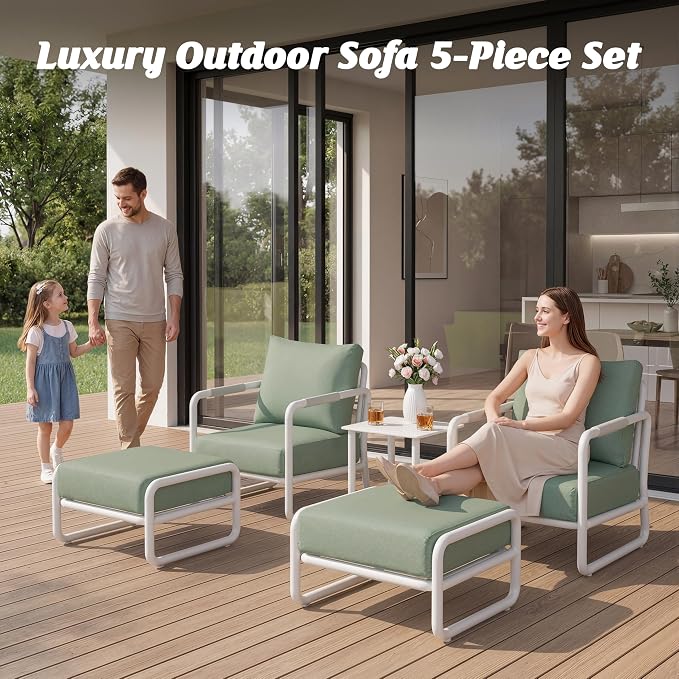 Outdoor Aluminum Patio Furniture Set, 5 Pieces Conversation Set with 6.5 Inch Cushions & 2 Ottomans, All-Weather Rust-Resistant Frame Conversation Set for Porch, Garden, Backyard, White
