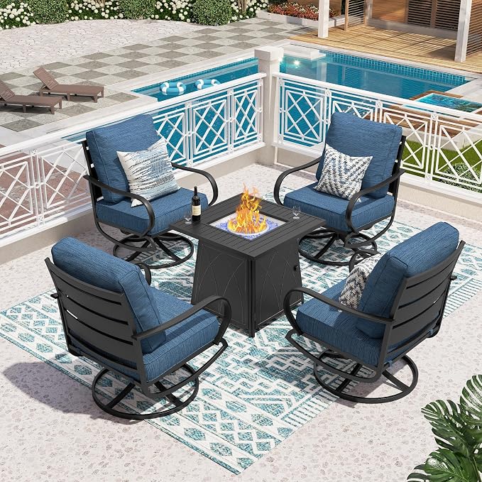 PHI VILLA 5 Piece Patio Furniture Set with 28" Firepit Table, 4 Outdoor 5.75" Cushioned Metal Frame Swivel Sofa Chairs & 28" Gas Firepit Table, Outside Furniture Set for Lawn Garden(Peacock Blue)