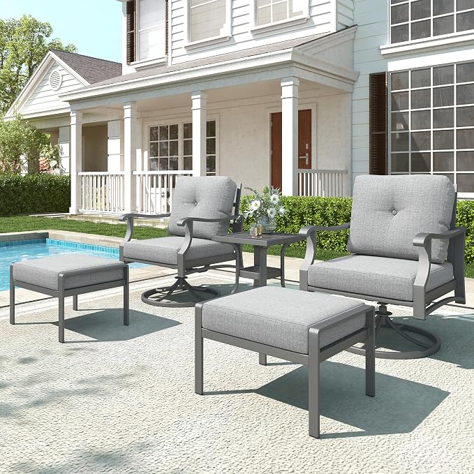 Outdoor Swivel Rocker Chairs w/2 Ottomans, Coffee Table, 5 Piece Metal Patio Conversation Bistro Set with 5" Thickened Cushions, Aluminum Frame for Porch, Yard, Balcony, Gray