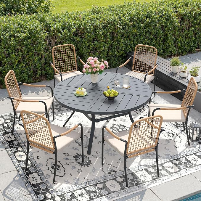 DIFY 7 Pieces Outdoor Dining Set, Metal Patio Table and Chairs Set for 6, 47.2" Round Dining Table with Umbrella Hole & Wicker Stackable Patio Chairs with Cushions, Grey Tabletop
