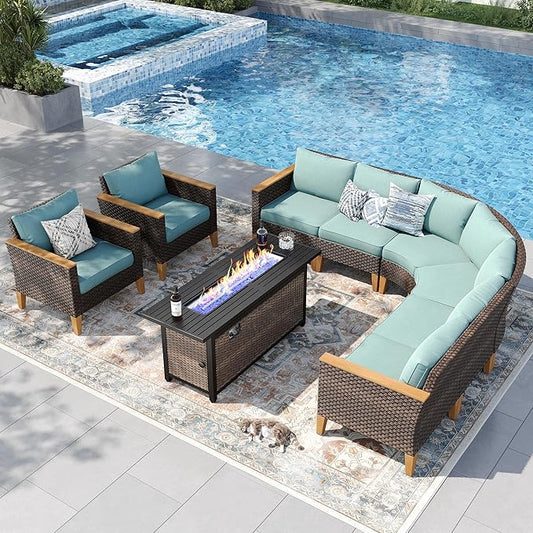 PHI VILLA Half-Moon Patio Furniture Set with 56" Fire Pit Table, 8-Piece Wicker Outdoor Curved Sectional Sofa, Large Conversation Seating for Garden or Backyard, Aqua Blue