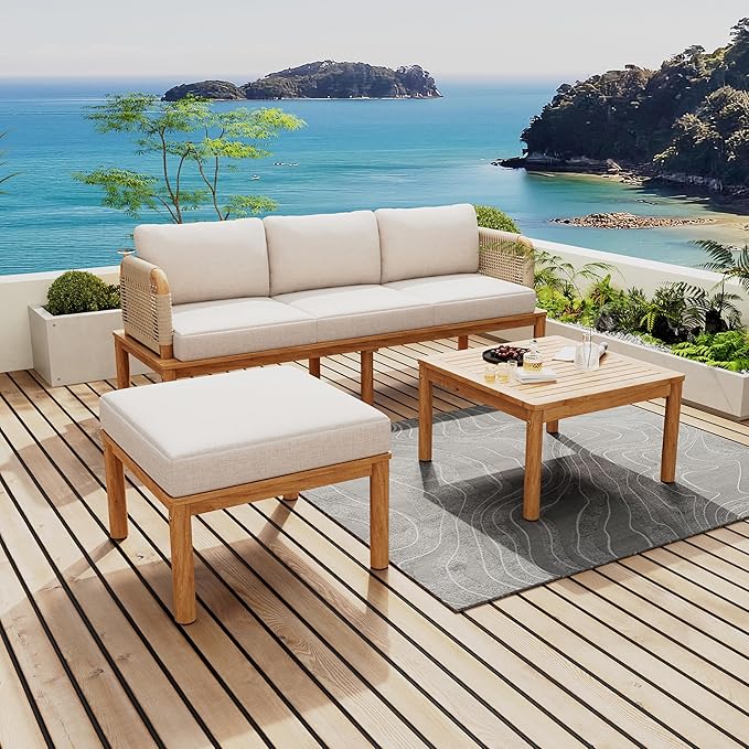 Virubi 3-Piece Acacia Wood and Rope Patio Sofa Set, Water-Repellent Cushions, Wide Deep Seats with 3-Seater, Ottoman & Table, Outdoor Conversation Set for Patio Garden