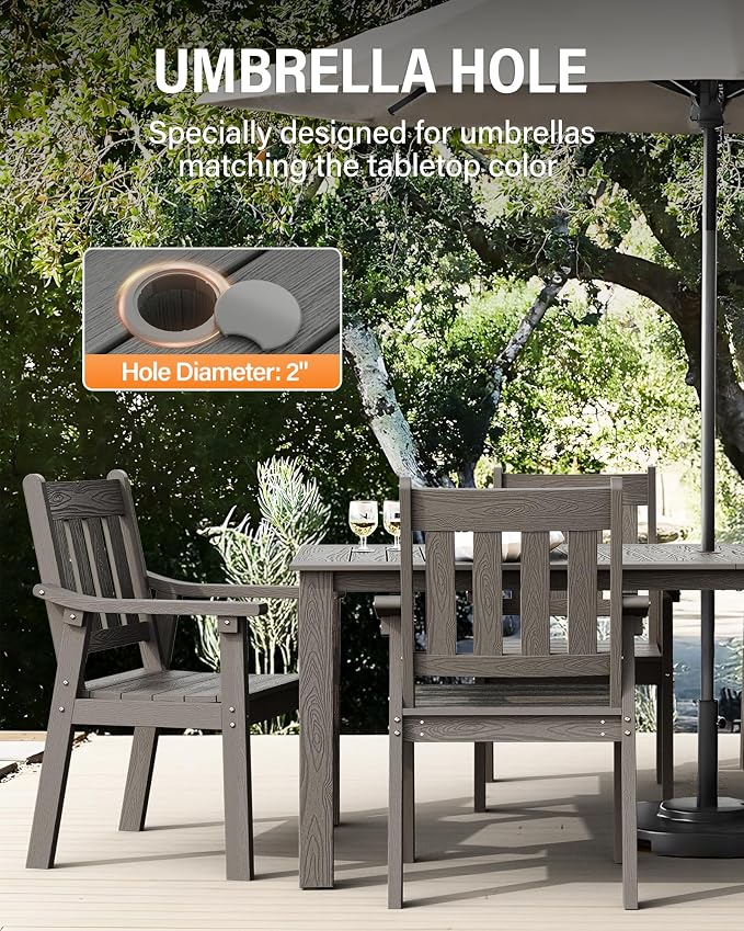 YEFU HIPS Patio Table Set: 7 Piece Patio Table and Chairs Outdoor Furniture Set with Umbrella Hole - Gray Modern Plastic Dining Sets 6 Person for Outside Deck with Metal Aluminum Frame