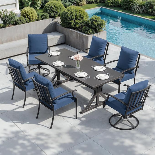 ALAULM 7-Piece Patio Dining Set,Outdoor Metal Dining Set with 2 Swivel Chairs & Rectangle Table with 1.5 Umbrella Hole, Patio Dining Table and Chairs for Backyard,Navy