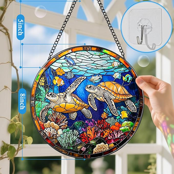 Stained Glass Window Hanging, Stained Glass Suncatcher Sea Turtle Decor, 8" Coral Reef Ocean Window Hanging Ornament | Sea Turtle Gifts, Valentine, Birthday Gifts for Friends, Women, Men, Mom