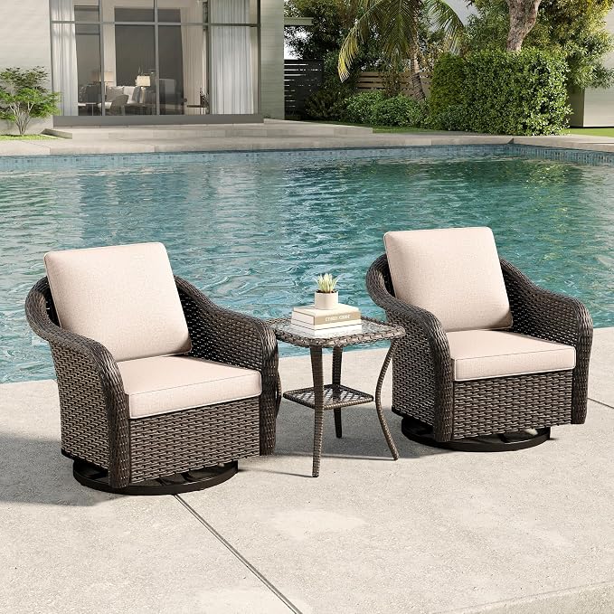 Outdoor Swivel Chairs with Side Table, Patio Wicker Chairs, Outside Conversation Furniture Set with Washable Cushions for Sunroom, Gazebo, Poolside (Beige)
