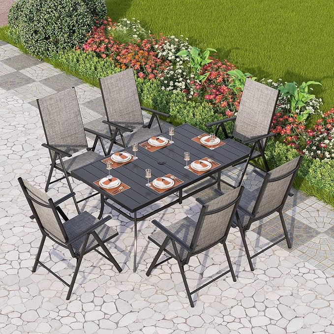 PHI VILLA Patio Dining Set for 6, Outdoor Dining Table and Chairs Furniture Set with Adjustable Foldable Patio Dining Chairs (Gray) & Metal Steel Table for Garden