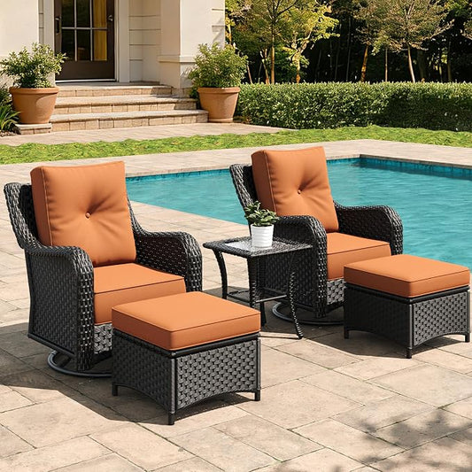 5 Pieces Outdoor Furniture Set with 6-inch Cushions, High Back Wicker Swivel Rocker Chairs with Coffee Table, Luxury Conversation Set for Deck Patio and Poolside