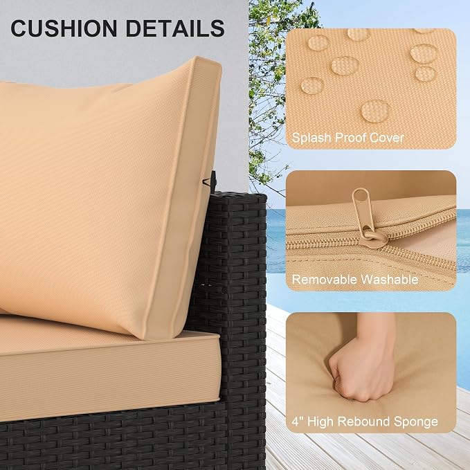 Patio Furniture Set, 6PCS Patio Sectional w/ Fire Pit Tabel Ottoman Wicker Rattan Outdoor Furniture with Thickened Cushion Modular Wicker Patio Conversation Set with Glass Top Table for Balcony(Khaki)