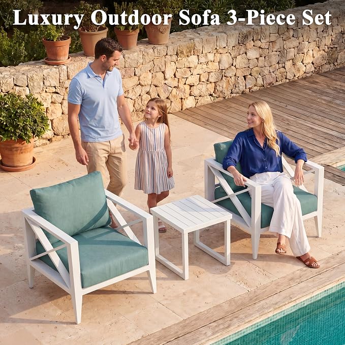 3 Piece Aluminum Patio Furniture Set, Modern Outdoor Patio Conversation Sets with Ergonomic Armhairs and Side Table, 6" Thick Washable Cushions for Balcony, Porch, Backyard,White