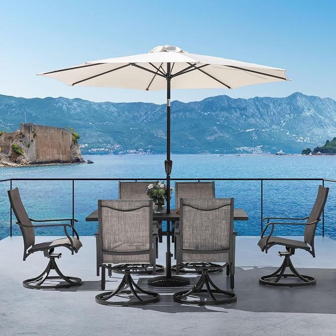 NUU GARDEN Outdoor Dining Set of 6, Aluminum Swivel Chairs, Grayish Brown | Rust-resistant patio set with aluminum tabletop. 6 quick-dry textilene swivel dining chairs with armrests