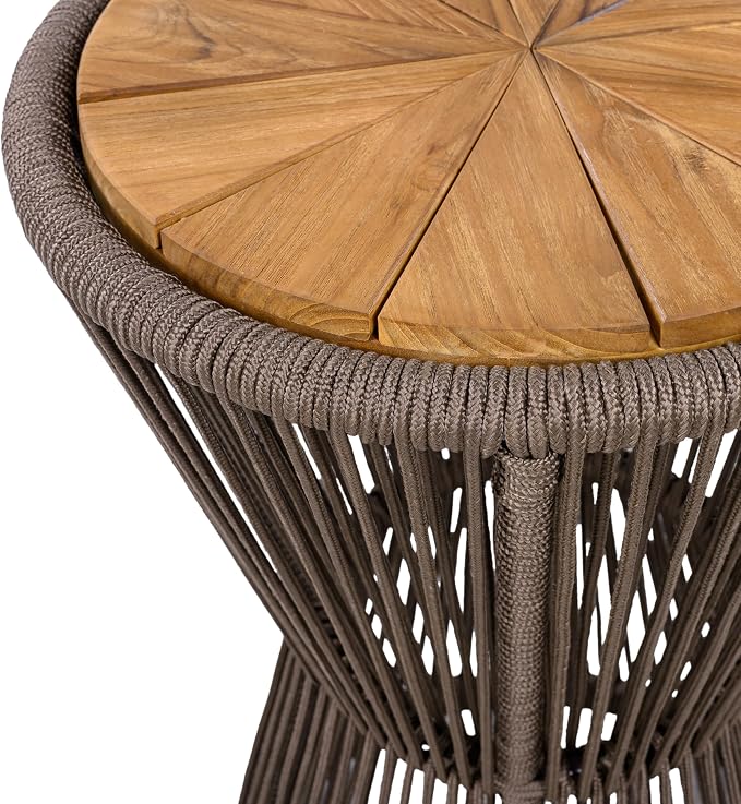 Merax Bohemian Round Outdoor Side Table with Acacia Wood Top and Dark Grey Handwoven Rope Base, Elegant Hourglass Design Patio Coffee Table for Garden, Pool, Balcony, Yard, 25.8" Height, No Assembly