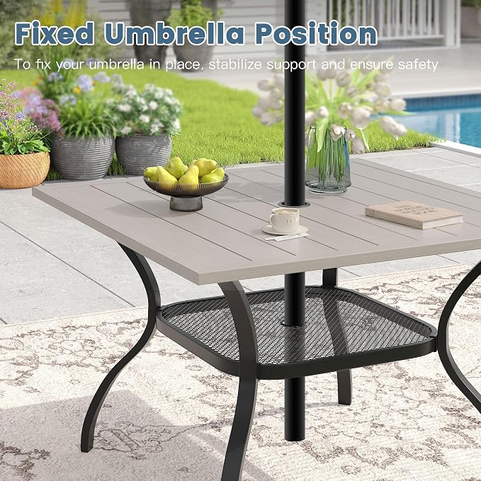 DIFY Patio Table and Chairs Set for 4, 5 Piece Outdoor Dining Set, 37.8" Grey Wood-Like Square Metal Dining Table with Umbrella Hole and 4 Sandshell Textilene Swivel Patio Chairs, for Garden Backyard