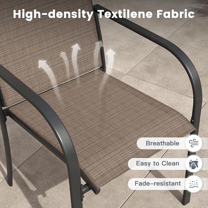 VICLLAX 11 Pieces Patio Outdoor Dining Set, 60" Large Round Metal Table with Umbrella Hole and 10 Stackable Textilene Chairs for Patio, Lawn, Garden, Porch, Black/Brown