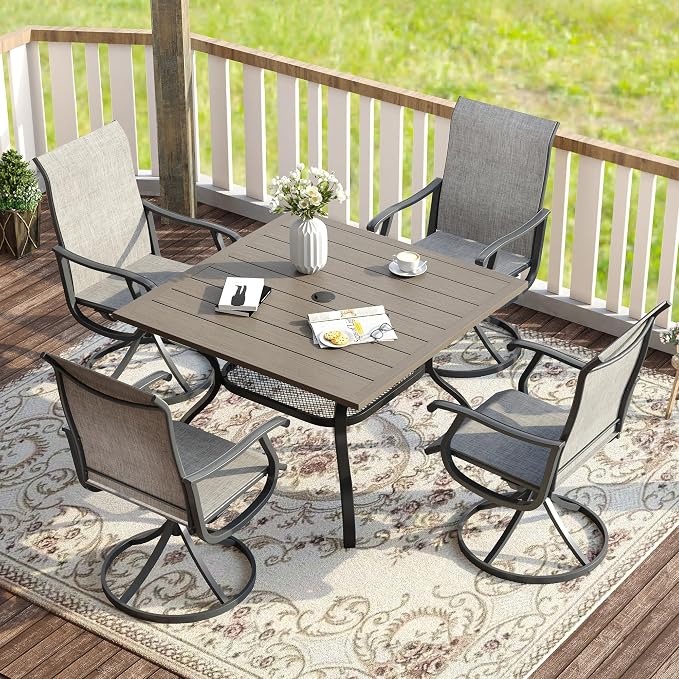 VICLLAX 5 Pieces Patio Dining Set for 4, Outdoor Furniture Set Includes 37.8" Square Outdoor Table and 4 Patio Swivel Chairs for Lawn Garden, Grey Wood Grain Tabletop and Grey Fabric