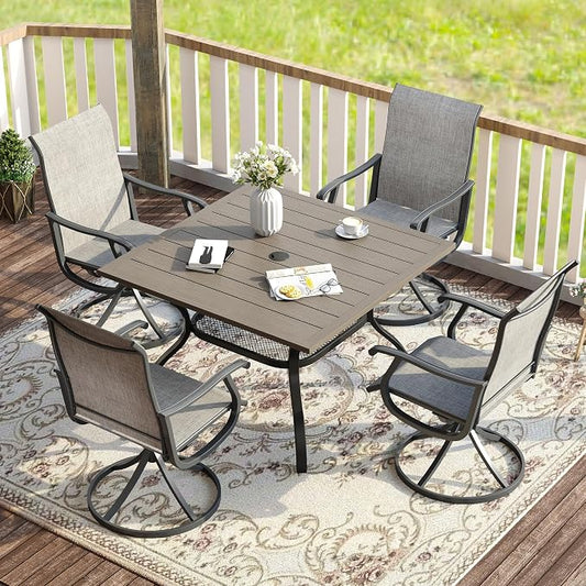 VICLLAX 5 Pieces Patio Dining Set for 4, Outdoor Furniture Set Includes 37.8" Square Outdoor Table and 4 Patio Swivel Chairs for Lawn Garden, Grey Wood Grain Tabletop and Grey Fabric