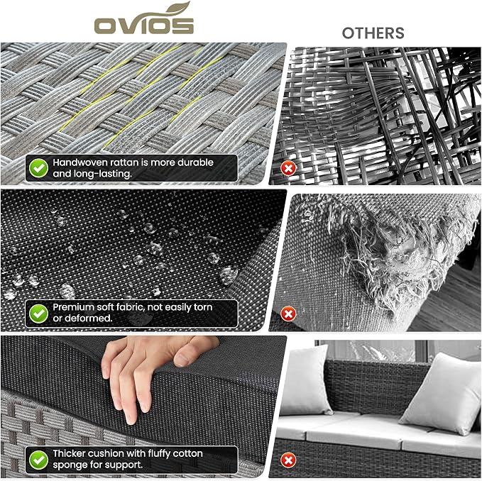 ovios 13 Pieces Patio Furniture Set, Outdoor Wicker Sectional Sofa with 42 Inch Fire Pit Table Comfy Cushions, Modern Modular Deep Seat Rattan Couch Conversation Set, Black