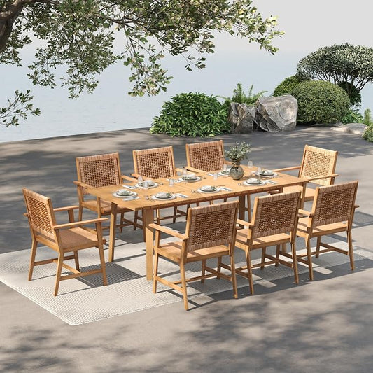 MFSTUDIO 9-Piece Patio Dining Set, Rectangular Teak Wood Table, Seats 8 | Expandable Table