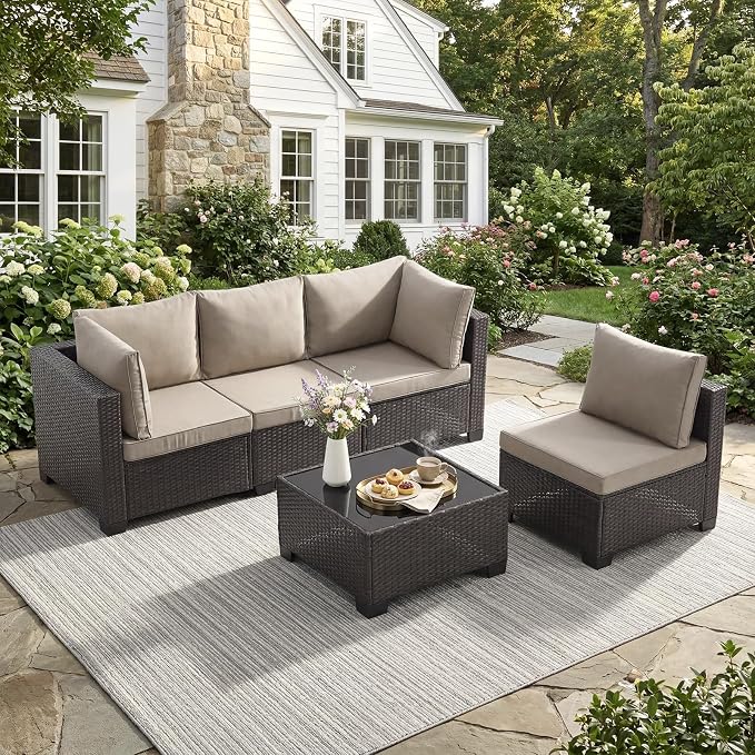 ANJ 5 Piece Outdoor Wicker Patio Furniture Set, Modular Loveseat Sofa with with Glass Top Coffee Table, All-Weather Rattan Conversation Couch Set for Balcony, Backyard, Dark Brown Wicker-Grey