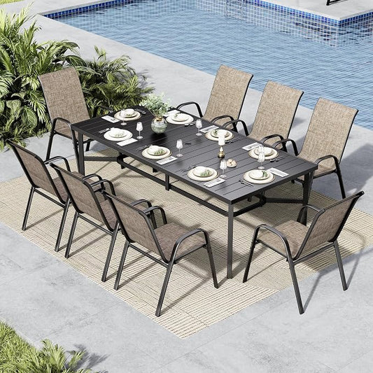 MFSTUDIO Patio Dining Set for 8, Outdoor Table and Chairs Set for Deck Yard Garden, 9 Piece Patio Furniture Dining Set with Stackable Chairs