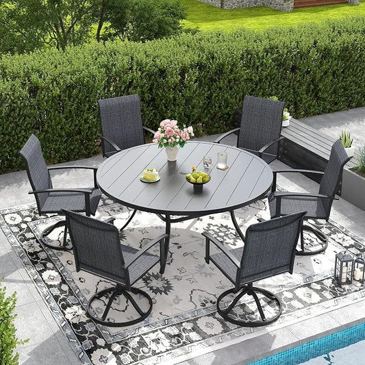 DIFY 7 Pieces Outdoor Dining Set for 6, 53" Black Round Metal Table with Umbrella Hole and Dark Grey Textilene Swivel Patio Chairs, Patio Table and Chairs Set for Garden, Backyard, Poolside