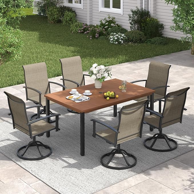 VICLLAX 63" Rectangle Outdoor Dining Table for 6, Patio Table with Umbrella Hole, All Weather Metal Patio Tables, Walnut Tabletop