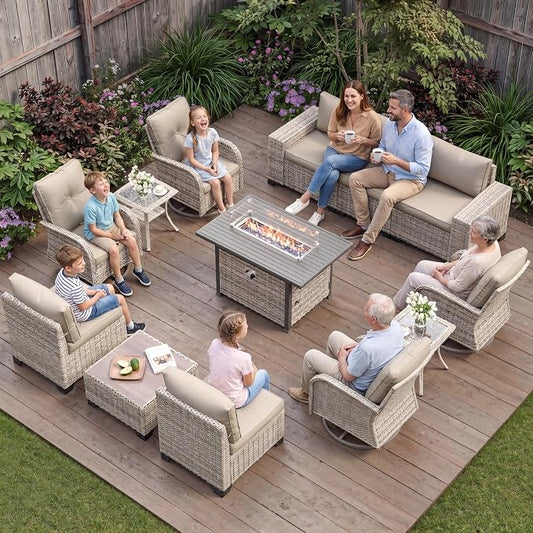 13-Piece Outdoor Patio Furniture Set with Rocking Swivel Chair, PE Wicker Rattan Sectional Sofa Patio Conversation Set with 55,000 BTU Fire Pit Table & Coffee Table, Sand
