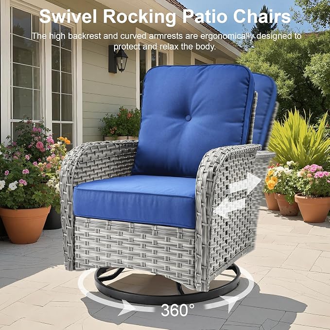 Outdoor Patio Furniture Sets, 8 PCS Patio Conversation Set Outside Rattan Sectional Sofa with Wicker Rocking Chairs Coffee Table Soft Cushion Fit Backyard Porch Garden Poolside Balcony