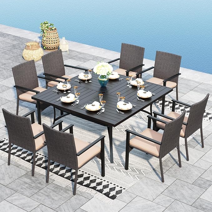 Sophia & William 9pc Square Patio Dining Set for 8, Rattan Chairs | Patio Table Set for 8, Metal Table with Umbrella Hole, Wicker Chairs, Rust-Resistant Frame