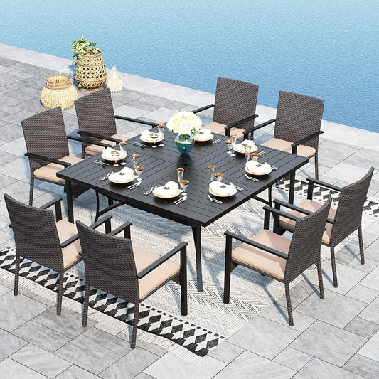 Sophia & William 9pc Square Patio Dining Set for 8, Rattan Chairs | Patio Table Set for 8, Metal Table with Umbrella Hole, Wicker Chairs, Rust-Resistant Frame