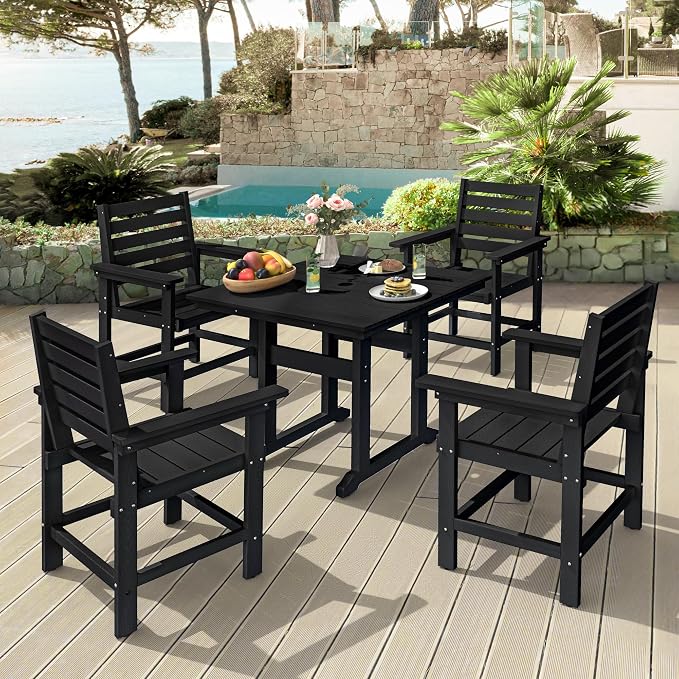 Square Outdoor Dining Tables for 4, HDPE Weather Resistant Patio Dining Table, 35" Outdoor Tables with 1.96" Umbrella Hole for Patio, Balcony, Backyard, Black