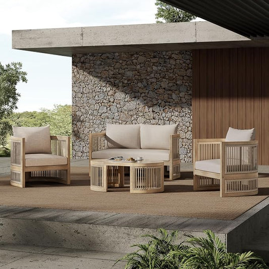 Christopher Knight Home Delbert Acacia Wood 4 Piece Patio Furniture Set, Wooden Patio Conversation Set with Club Chair+Coffee Table, 4-Seater Outdoor Loveseat Sofa Chair and Table Set, Natural+Beige