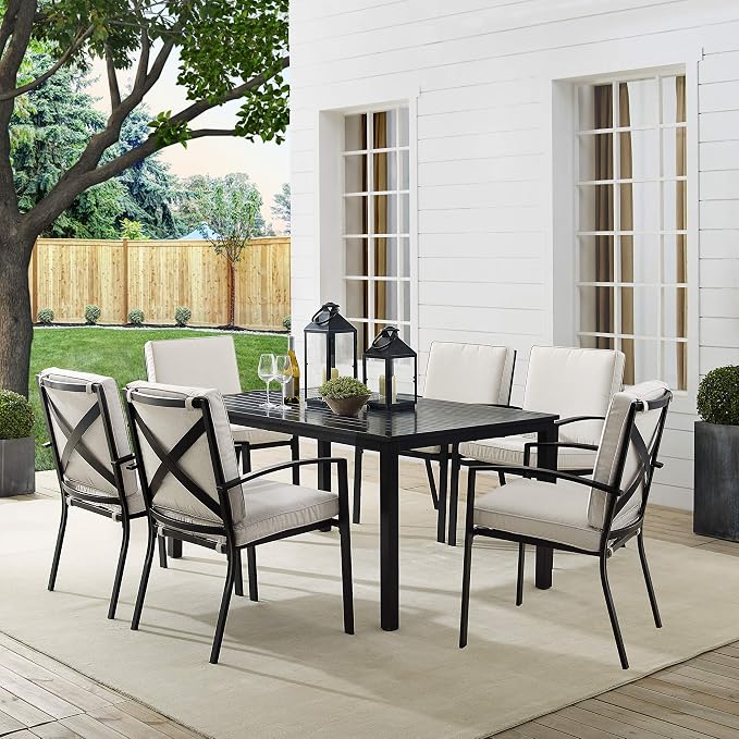 Crosley Furniture Kaplan 7-Piece Outdoor Dining Set for 6, Patio Table and Chairs for Backyard, Deck, Oiled Bronze with Oatmeal Cushions
