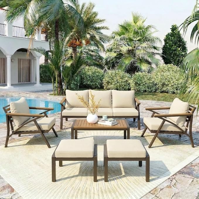 6 Piece Outdoor Furniture Set, Steel Frame Sofa Set with 3-Seat Couch, 2 Armchairs, 2 Ottomans & Acacia Wood Coffee Table, Patio Conversation Set for Garden Poolside, Brown+Cream Beige